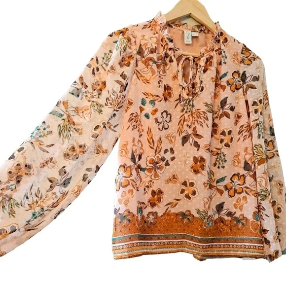 Joie Peach Floral Bohemian Peasant Chiffon Swiss Dot  Ruffle Top Tie Blouse XS. - Picture 4 of 16